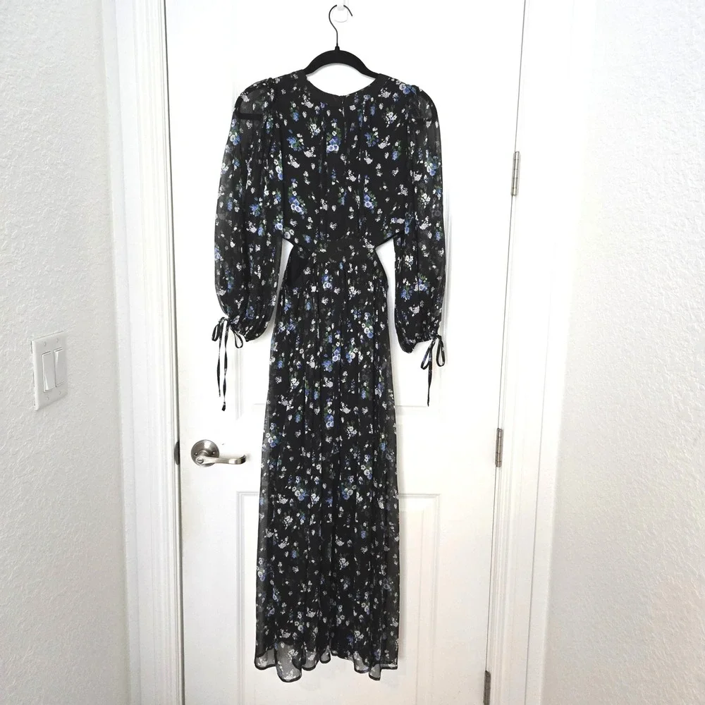Maje Risof Black Floral Chiffon Cut-Out Maxi Dress Long Sleeve Tie Cuff Size 36 - Picture 3 of 8